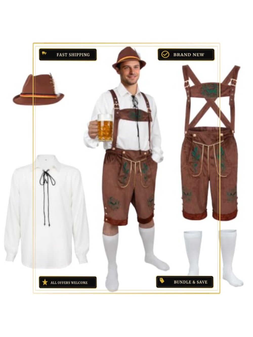 Men's Oktoberfest Lederhosen Costume Set with Shirt Hat Socks